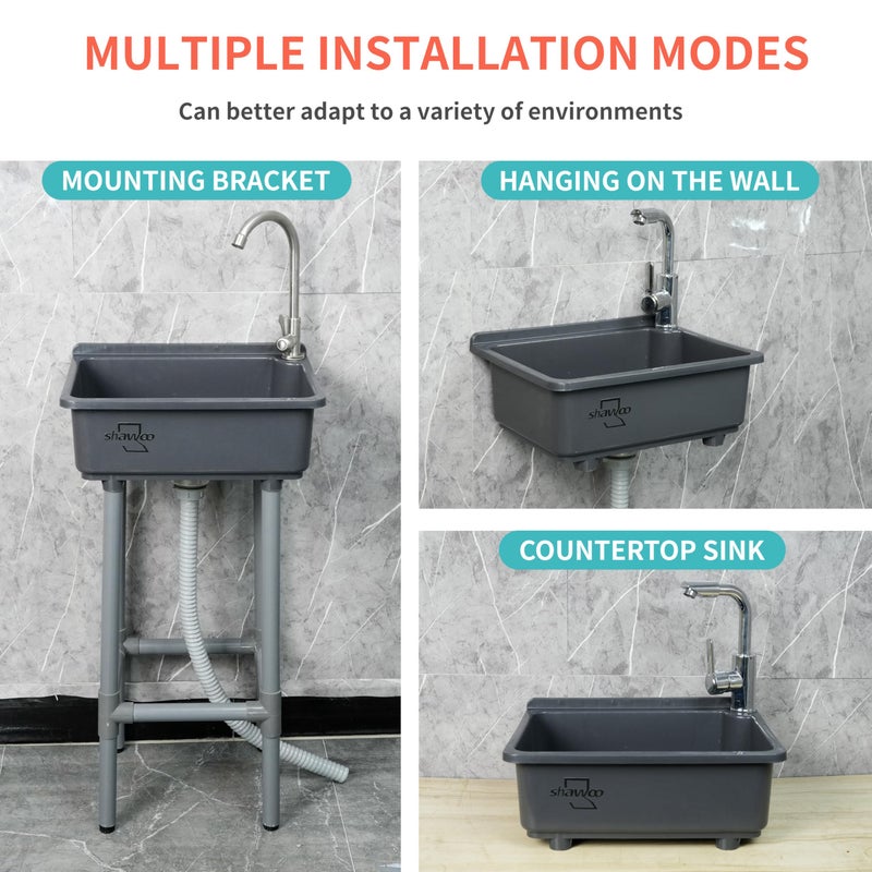 shawoo Freestanding Single Bowl Utility Sink, Kitchen Wall-Mounted Sink 16.9 x 12.8 Inch laundry tub With 1.26 faucet hole Plastic Sinks for Home Restaurant Dorm Garage Bathroom,Laundry slop sink (grey) - Image 2