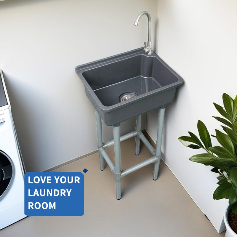 shawoo Freestanding Single Bowl Utility Sink, Kitchen Wall-Mounted Sink 16.9 x 12.8 Inch laundry tub With 1.26 faucet hole Plastic Sinks for Home Restaurant Dorm Garage Bathroom,Laundry slop sink (grey) - Image 5