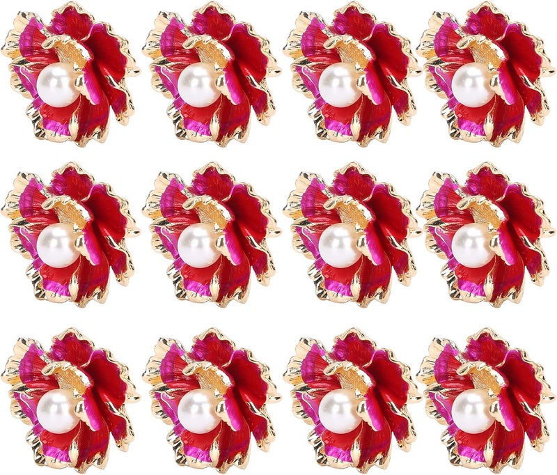 12pcs Faux Pearl Flatback Garment Buttons, Clothing Embellishments for DIY Wedding Dress, Hair Clip, Handbag Decoration, Alloy Bridal Sewing Appliques (Small Peony Flower) - Image 3