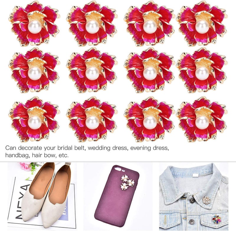 12pcs Faux Pearl Flatback Garment Buttons, Clothing Embellishments for DIY Wedding Dress, Hair Clip, Handbag Decoration, Alloy Bridal Sewing Appliques (Small Peony Flower) - Image 2