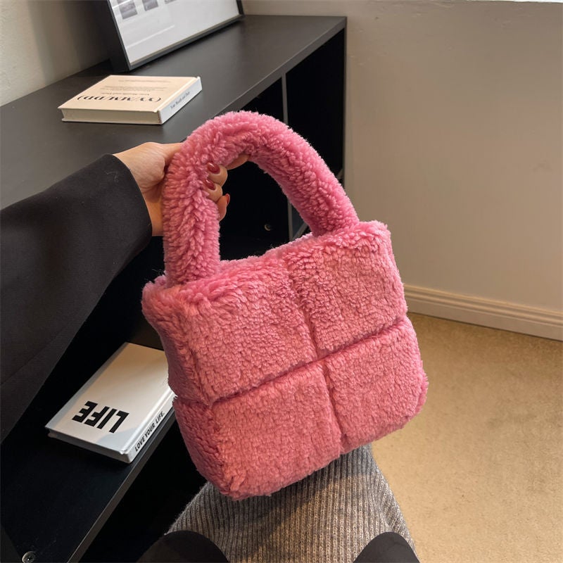Checkered Bag, Furry Women'S Bag, Granular Wool Fashion Retro Plush Bag, Handbag, Suction Buckle Bucket - Image 4
