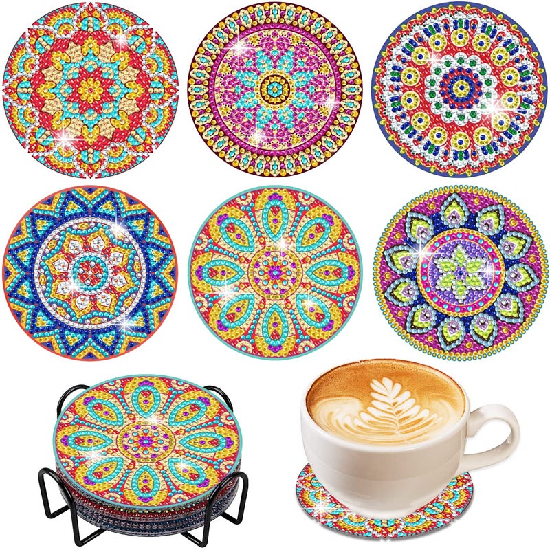 Vcekract Diamond Painting Coasters 6 Pcs Mandala Diamond Art Coasters with Holder Crafts Kits for DIY Coasters Adult Crafts Projects Kits Women