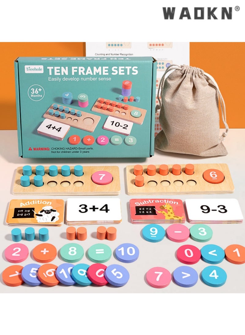 WAOKN - Wooden Ten Frame Math Toy, Ideal for Kids' Addition, Subtraction Learning, Enhances Number Recognition, Perfect for Developing Number Sense, Engaging Early Education Tool, Fun and Educational. - Image 1