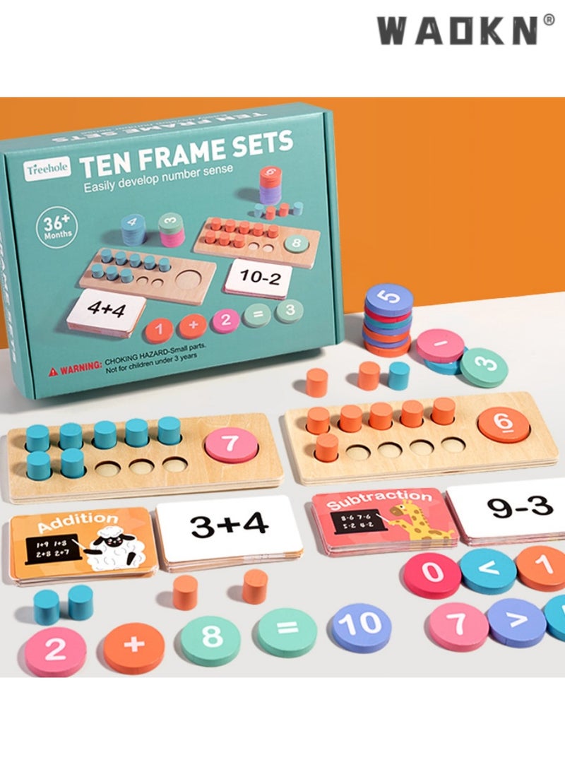 WAOKN - Wooden Ten Frame Math Toy, Ideal for Kids' Addition, Subtraction Learning, Enhances Number Recognition, Perfect for Developing Number Sense, Engaging Early Education Tool, Fun and Educational. - Image 1