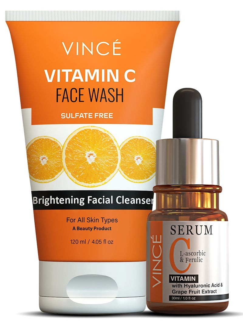 VINCE Vitamin C Combo - Vitamin C Serum 30ml + Vitamin C Face Wash 120ml – Deep Cleansing, Brightens Skin Tone, Reduces Dark Spots & Sunspots, Boosts Collagen, Reveals Glowing Skin - Image 1