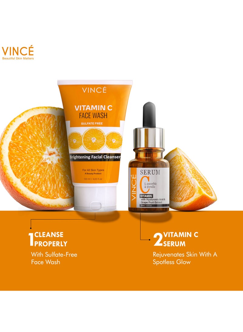 VINCE Vitamin C Combo - Vitamin C Serum 30ml + Vitamin C Face Wash 120ml – Deep Cleansing, Brightens Skin Tone, Reduces Dark Spots & Sunspots, Boosts Collagen, Reveals Glowing Skin - Image 4