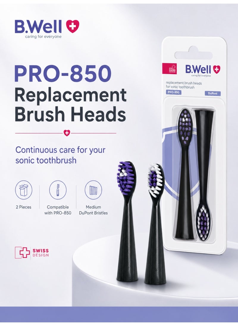 B.Well PRO-850 Black Replacement Sonic Toothbrush Heads with Medium DuPont Bristles, 2 Pieces - Image 3