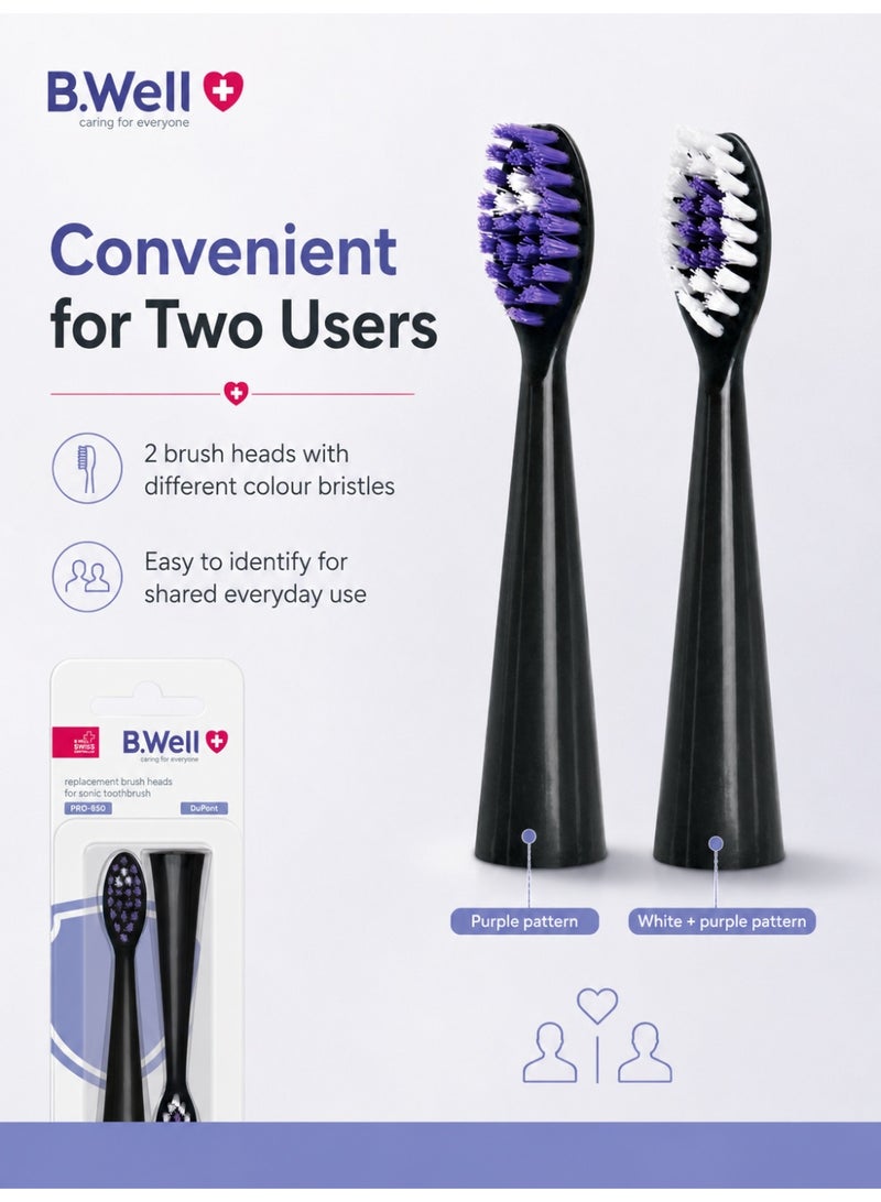 B.Well PRO-850 Black Replacement Sonic Toothbrush Heads with Medium DuPont Bristles, 2 Pieces - Image 4