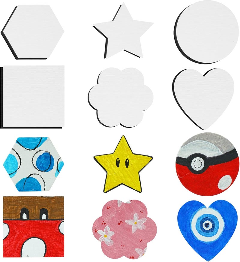 AUREUO Magnetic Mini Canvas Boards for Christmas Painting - 3 Inch 12 Pack Square, Hexagon, Circle, Star, Heart & Flower Shape Craft Art Gift, Tiny Painting Canvas Panel for Acrylic Paint & Markers - Image 1