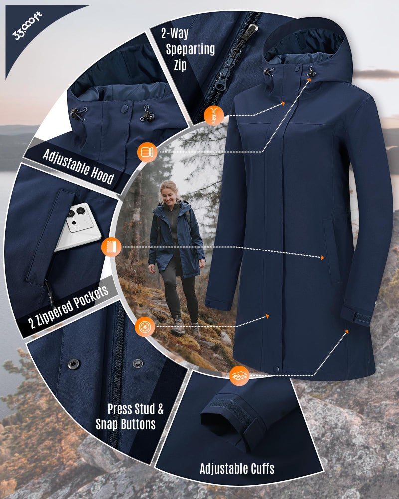 33,000ft Women's Waterproof Long Rain Coats with Mesh-Lind Breathable Rain Jacket with Hood Trench Coats Windbreaker - Image 2