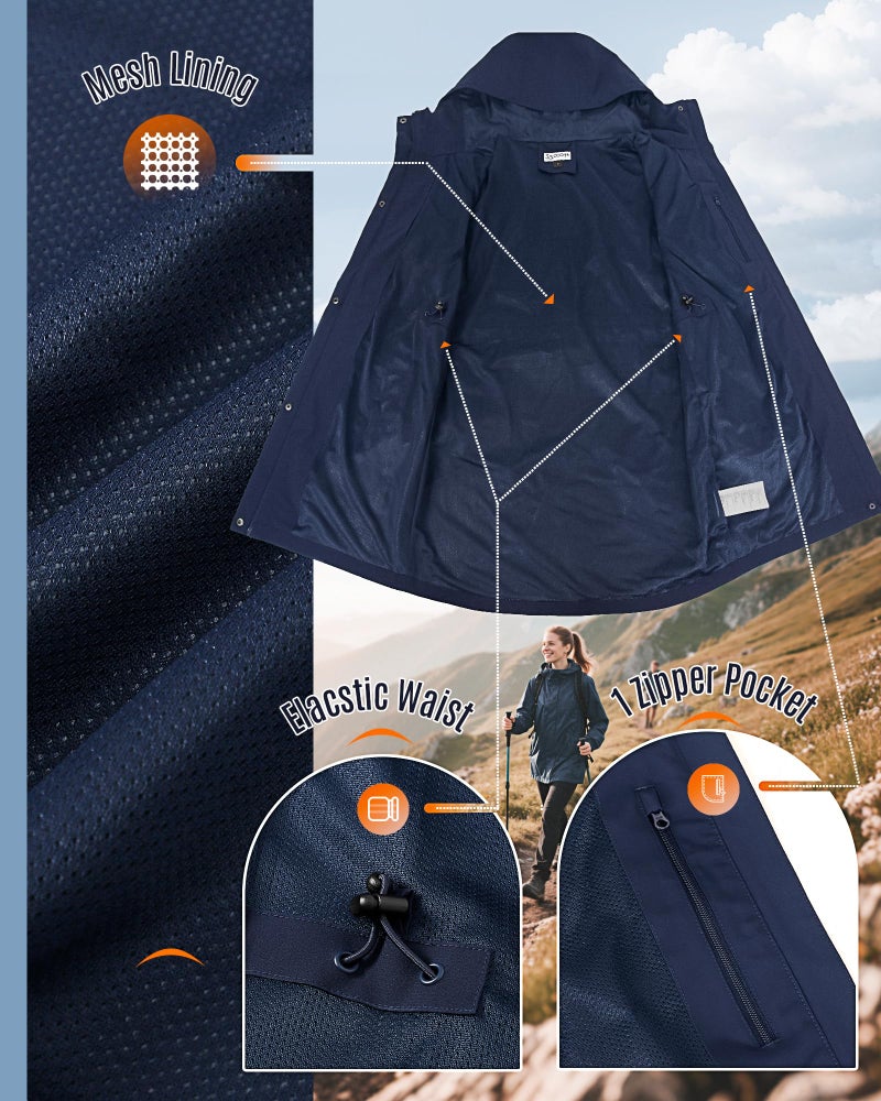 33,000ft Women's Waterproof Long Rain Coats with Mesh-Lind Breathable Rain Jacket with Hood Trench Coats Windbreaker - Image 5