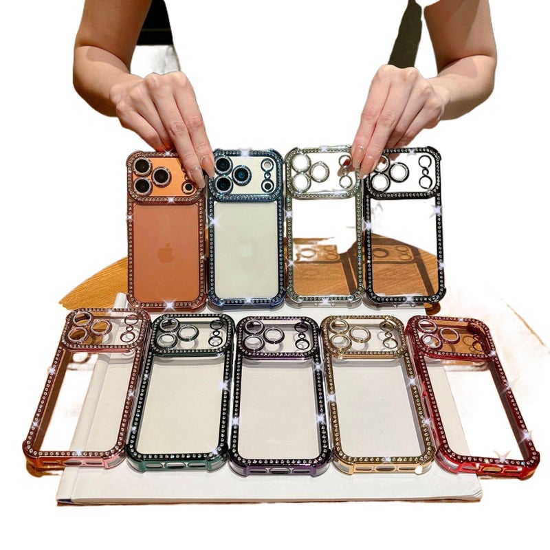 غطاء واقي بTPU لـ iPhone 14 / 14 Plus / 14 Pro / 14 Pro Max مع شفاف وحماية من السقوط من الزوايا الأربع مع مقاوم للصدمات مع مرصع بالماس مع تغطية كاملة باللون برتقالي بظهر شفاف من م. - Image 2