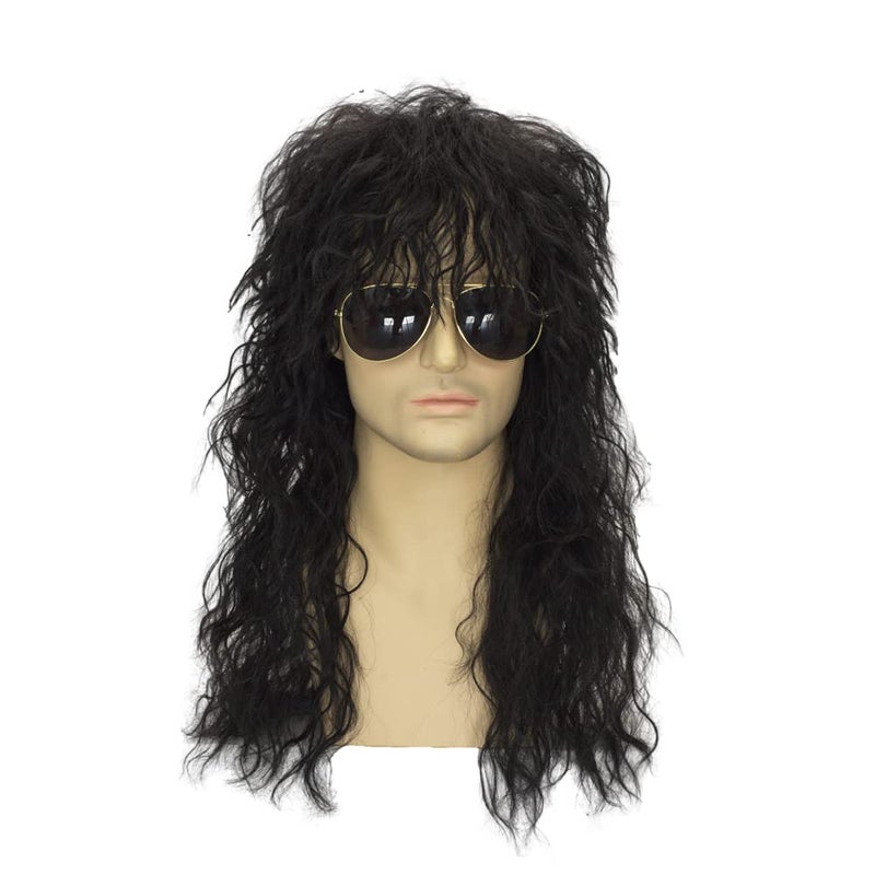 TSNOMORE Mens Black Long Wig Curly 80s Wig Male Rocker Wig Mullet Wig Halloween Costume Party Cosplay Wig
