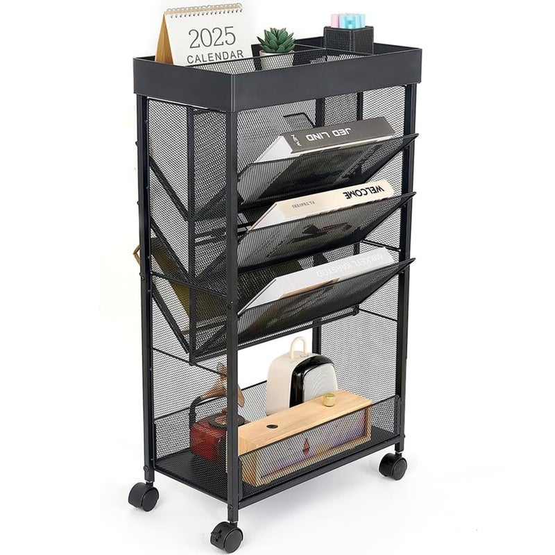 gianotter Book Rack Storage Bookshelf, 5 Tier Book Carts with Wheels, Rolling Cart Organizer for Study Office Kitchen Classroom - Image 1