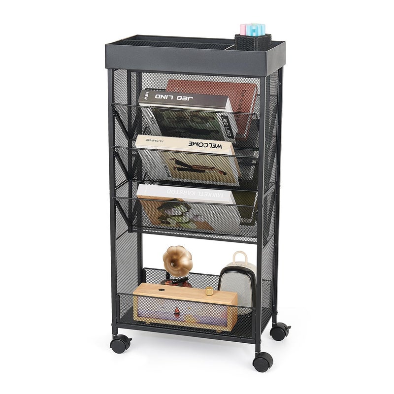 gianotter Book Rack Storage Bookshelf, 5 Tier Book Carts with Wheels, Rolling Cart Organizer for Study Office Kitchen Classroom - Image 2