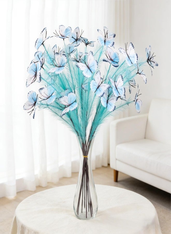 Zerzsy 10 Stems Faux Pampas Grass with Butterfly Decorations, Lake Blue Tall Fluffy Pampas Grass Decor 26 Inch Artificial PampasGrass for Floor Vase Fillers Boho Farmhouse Room Wedding Decor - Image 1