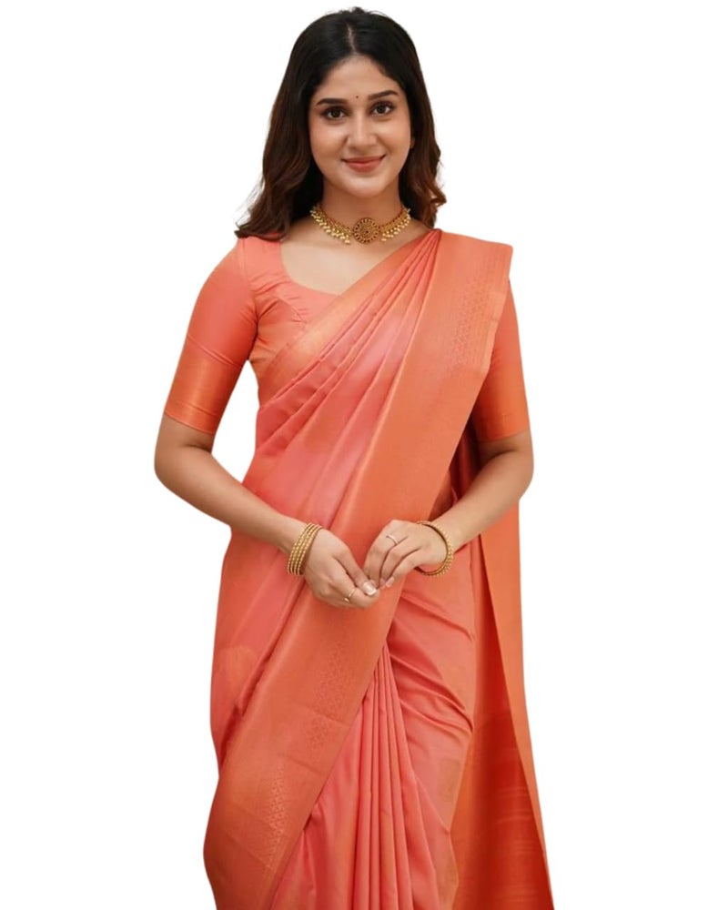Vivatra Women Banarasi Soft Silk Saree | Jacquard Weaving with Rich Pallu & Border | Includ Matching Utitched Blouse Piece (VT-KP-6015-Orange) - Image 2