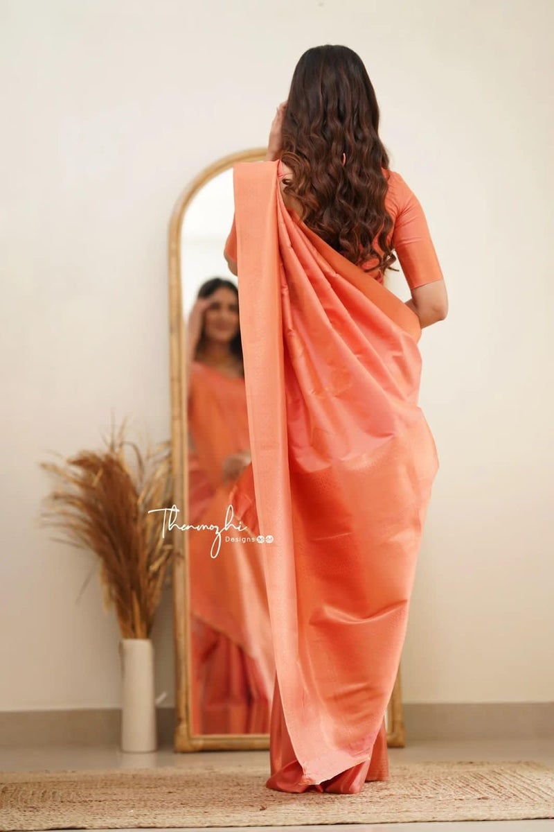 Vivatra Women Banarasi Soft Silk Saree | Jacquard Weaving with Rich Pallu & Border | Includ Matching Utitched Blouse Piece (VT-KP-6015-Orange) - Image 4