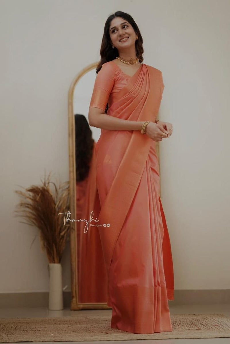 Vivatra Women Banarasi Soft Silk Saree | Jacquard Weaving with Rich Pallu & Border | Includ Matching Utitched Blouse Piece (VT-KP-6015-Orange) - Image 5