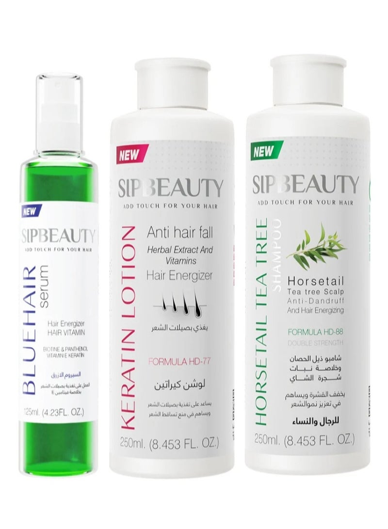 سيب بيوتي شامبو ضد القشرة بخلاصه طبيعية من نبات الشاي وذيل الحصان 250 مل +  لوشن كيراتين مغذي بصيلات الشعر  250 مل+  سيروم الشعر الأزرق لترطيب وحماية ولمعان الشعر 125 مل - Image 1