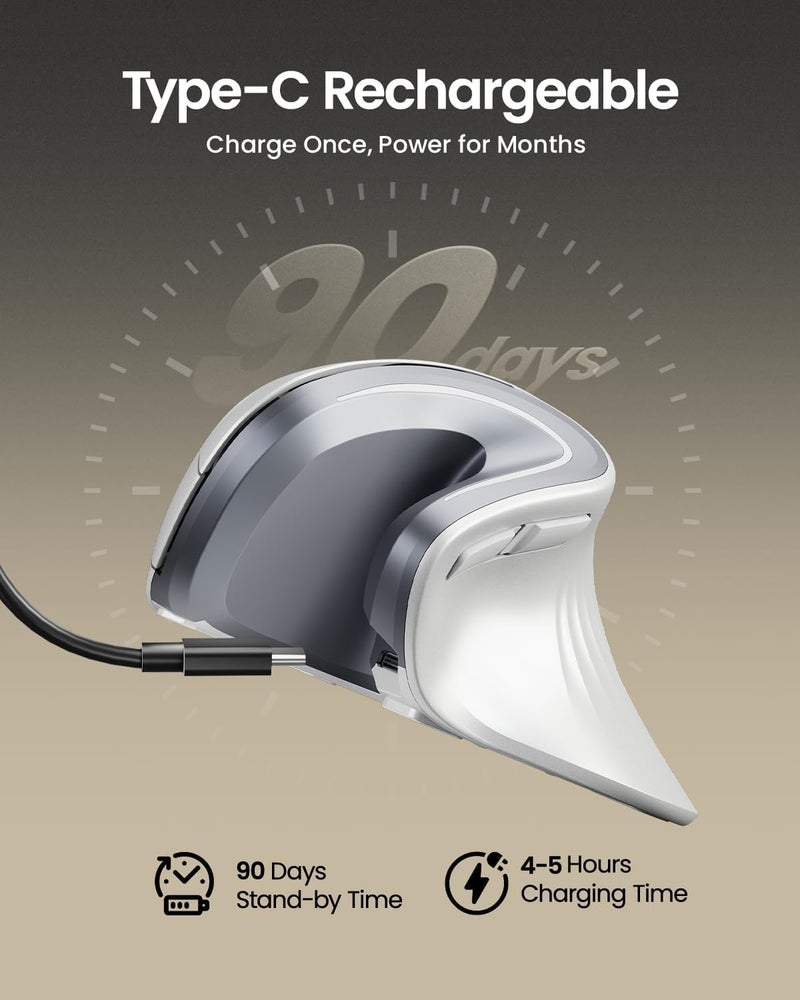 ProtoArc Ergonomic Mouse, EM11 NL Bluetooth Rechargeable Wireless Vertical Mouse, 3 Multi-Device Connectivity for Computer/PC/Laptop, 2.4GHz Optical Mice for Windows, Mac OS, White - Image 2