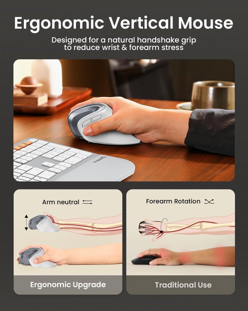 ProtoArc Ergonomic Mouse, EM11 NL Bluetooth Rechargeable Wireless Vertical Mouse, 3 Multi-Device Connectivity for Computer/PC/Laptop, 2.4GHz Optical Mice for Windows, Mac OS, White - Image 5