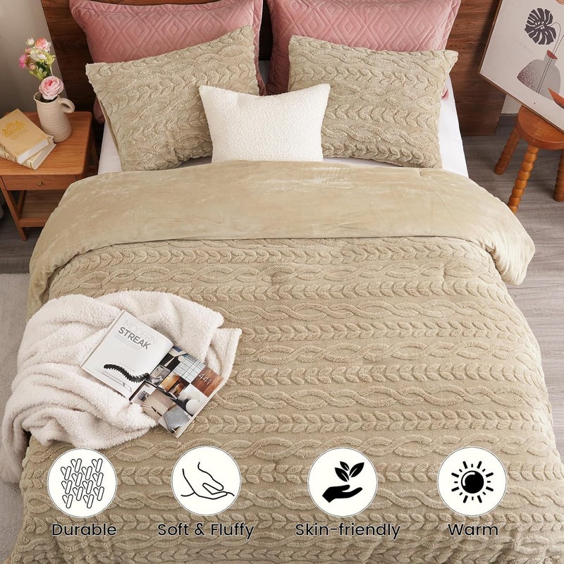 PHF طقم لحاف كوين من شيربا الفاخر 3 قطع، دافئ وناعم لشتاء، طقم سرير من الفلانيل المنقوش 3D، يتضمن 1 x 230 سم x 230 سم لحاف و 2 x 50 سم x 65 سم أغطية وسائد، كاكي - Image 4
