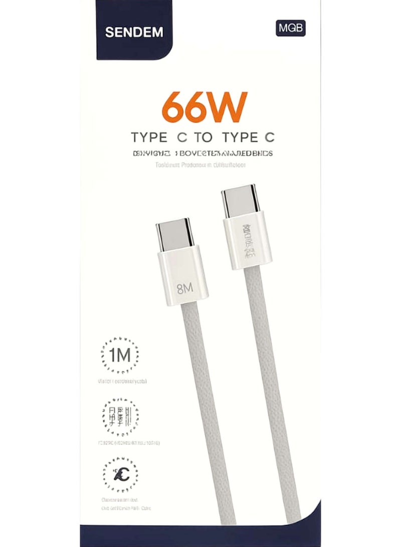 سيندم كابل شحن سريع مضفر من SENDEM Type-C إلى Type-C بقوة 66 واط - شاحن متين وعالي السرعة للهواتف الذكية والأجهزة اللوحية وأجهزة الكمبيوتر المحمولة - Image 1