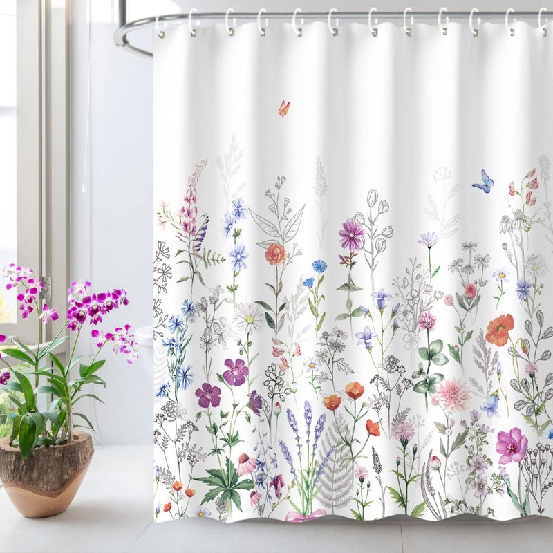 LIVILAN Floral Shower Curtain with Butterfly Design  Lilac Wildflower Purple 72 W x 84 H with Hooks