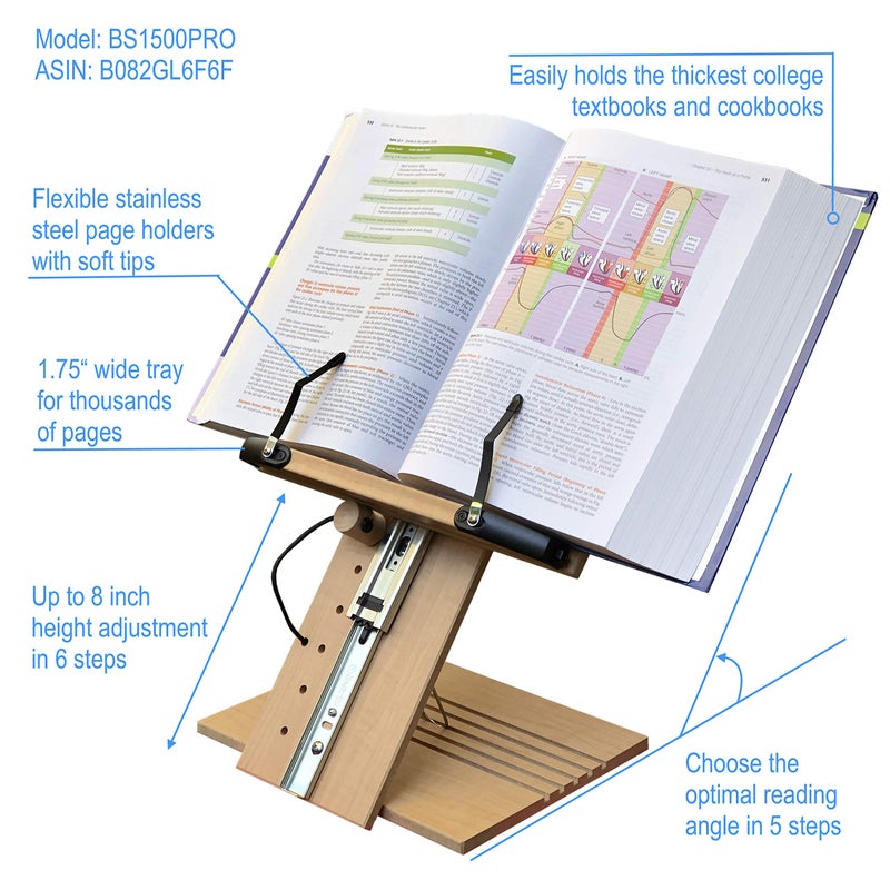 A+ BOOK STAND حامل كتب BS1500PRO القابل للطي القابل للتعديل في الارتفاع والمحمول الكبير لمستوى العين لقراءة خالية من اليدين للكتب الجامعية الثقيلة السميكة والأجهزة اللوحية بدون ألم في الرقبة - Image 2