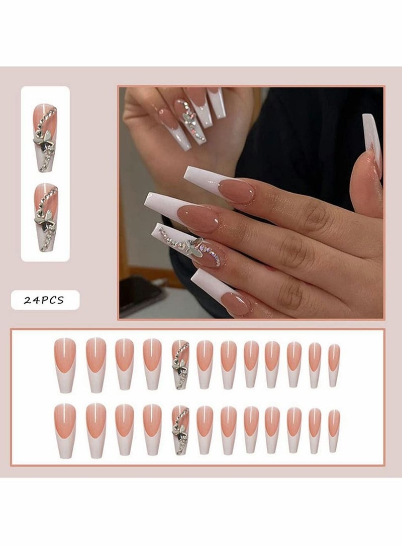 Captaintech Press on Nails, Ballet French White Glow Butterfly Long Manicure, Artificial Acrylic Fake Nails Nail Art Accessories for Ladies and Girls (24 Pcs) - Image 1
