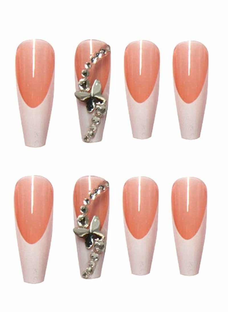 Captaintech Press on Nails, Ballet French White Glow Butterfly Long Manicure, Artificial Acrylic Fake Nails Nail Art Accessories for Ladies and Girls (24 Pcs) - Image 3