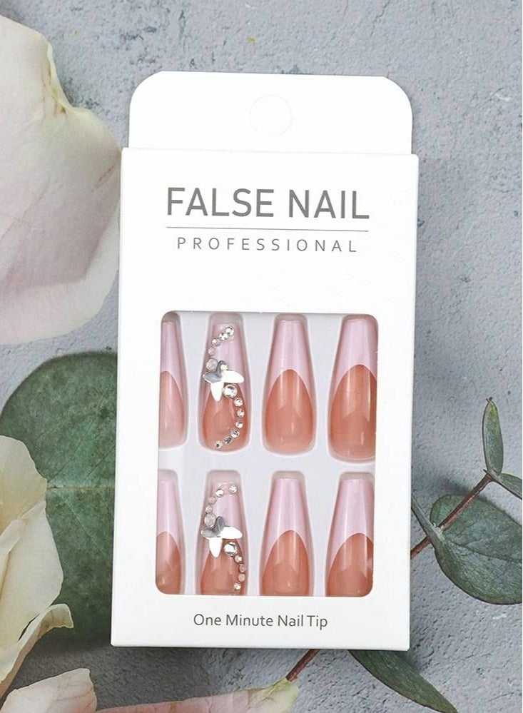 Captaintech Press on Nails, Ballet French White Glow Butterfly Long Manicure, Artificial Acrylic Fake Nails Nail Art Accessories for Ladies and Girls (24 Pcs) - Image 4