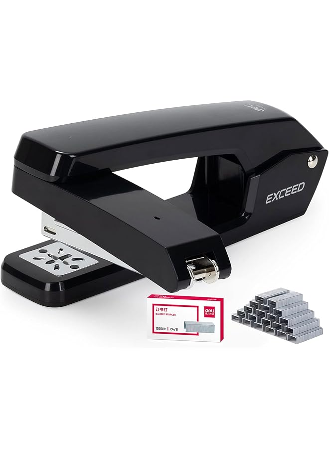 Deli Swing Arm Swivel Stapler 360 Degree Rotate Desktop Staplers 25 Sheet Capacity Includes 1000 Staples Black - Image 1