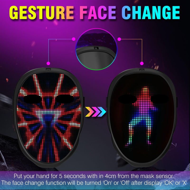 MEGOO Led Mask with Bluetooth Programmable App,Shining Led Light Up Face Mask for Adult Kid Halloween Masquerade Party (USB Recharge) - Image 4