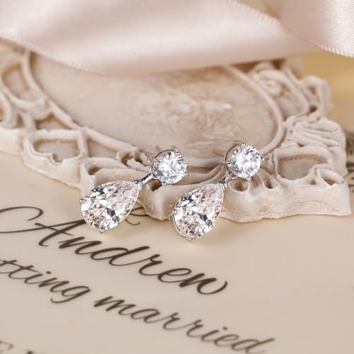 EAMTI Teardrop Bridal Wedding Earrings for Women Cubic Zirconia Crystal 925 Sterling Silver Post Pear Cut Dangle Earring for Bride Bridesmaid - Image 3