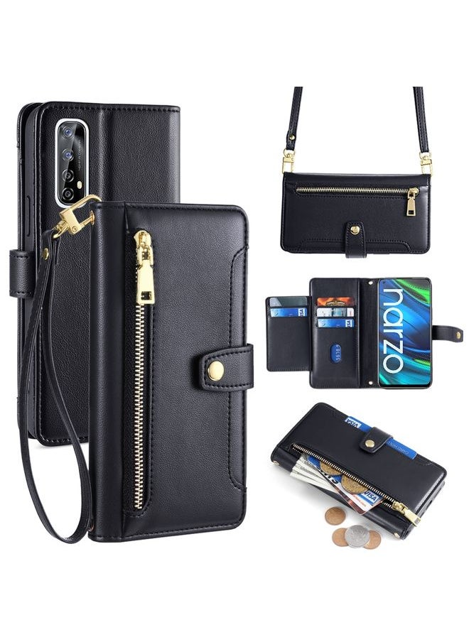 HuHa Case Cover For Realme 7 / Narzo 20 Pro Sheep Texture Cross-body Zipper Wallet Leather Phone Case Black 