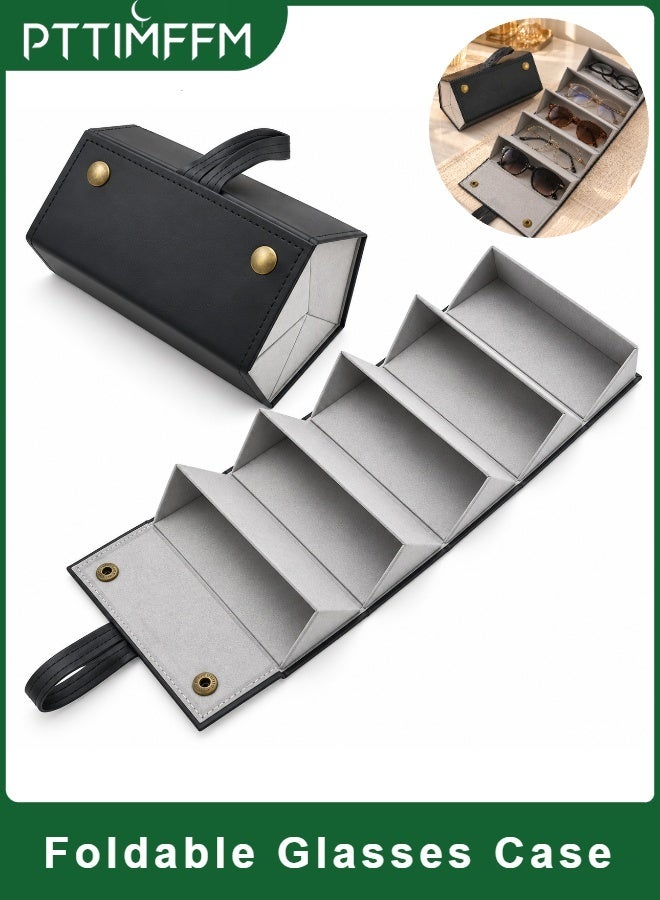 SRLIWHITE 5 Slots Eyewear Organizer, Foldable Glasses Case, Portable Sunglasses Storage Box, PU Leather Glasses Holder with Soft Flocked Interior, Space Saving Folding Design for Home Office Travel - Image 1