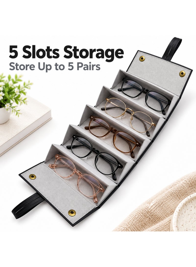 SRLIWHITE 5 Slots Eyewear Organizer, Foldable Glasses Case, Portable Sunglasses Storage Box, PU Leather Glasses Holder with Soft Flocked Interior, Space Saving Folding Design for Home Office Travel - Image 2