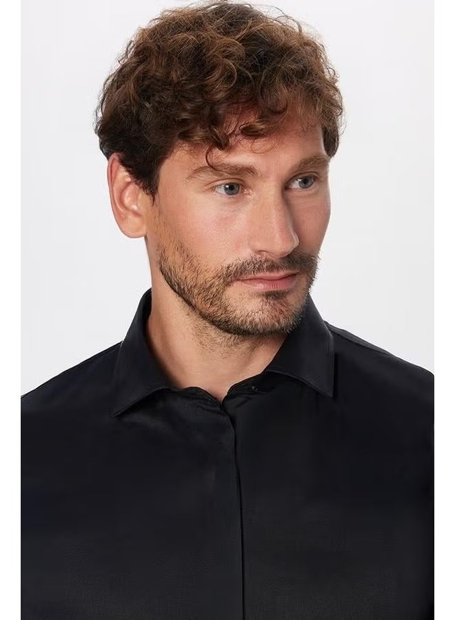 Tudors Slim Fit Long Sleeve Hidden Placket Back Belted Plain Black Men's Shirt - Image 2