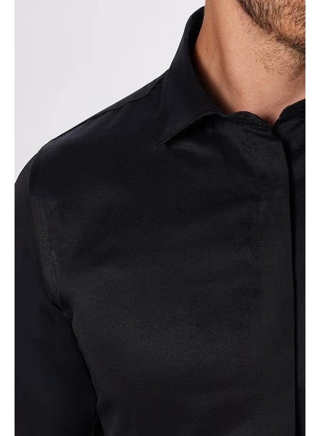 Tudors Slim Fit Long Sleeve Hidden Placket Back Belted Plain Black Men's Shirt - Image 4