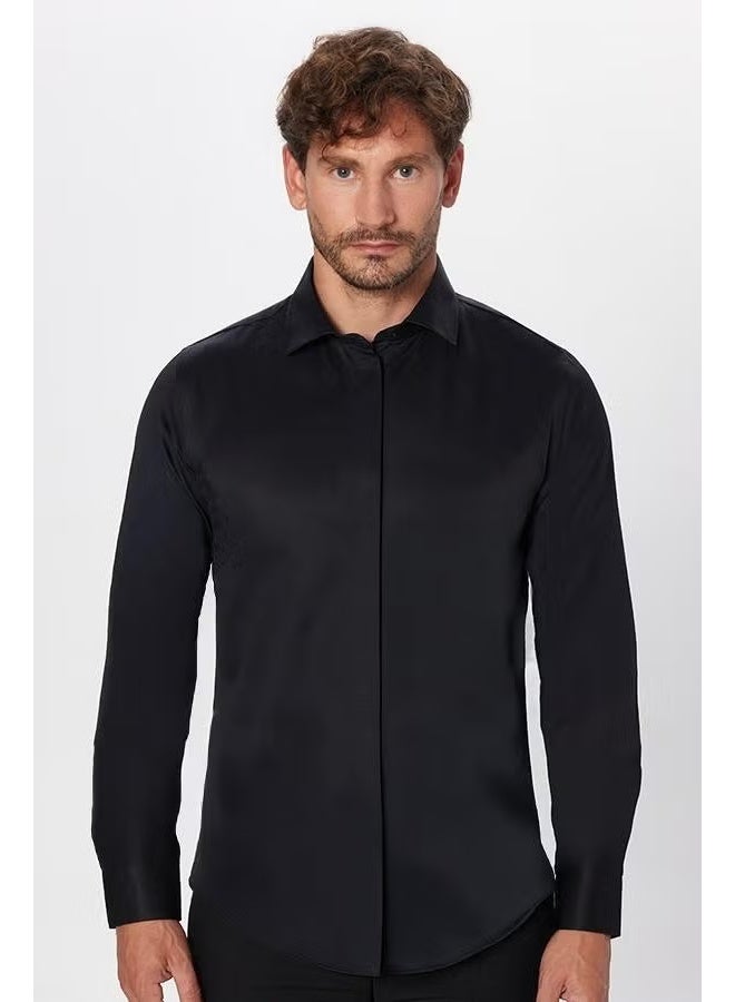 Tudors Slim Fit Long Sleeve Hidden Placket Back Belted Plain Black Men's Shirt - Image 3