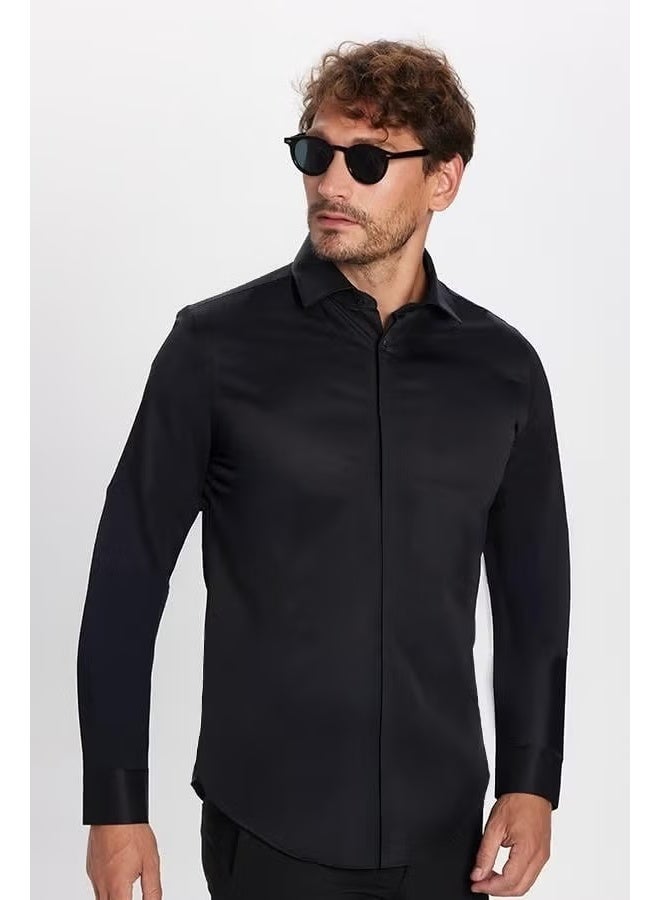 Tudors Slim Fit Long Sleeve Hidden Placket Back Belted Plain Black Men's Shirt - Image 1