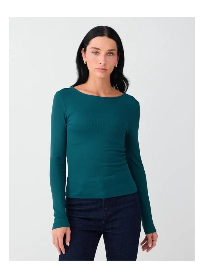 Jimmy Key Dark Green Round Neck Slim Fit Long Sleeve Blouse.