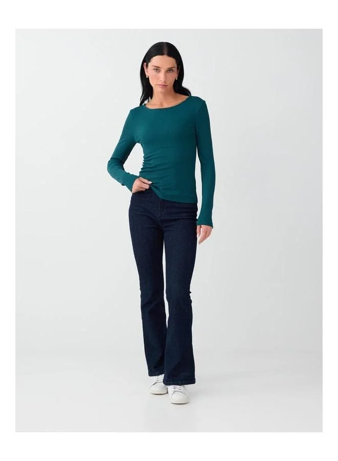 Jimmy Key Dark Green Round Neck Slim Fit Long Sleeve Blouse.