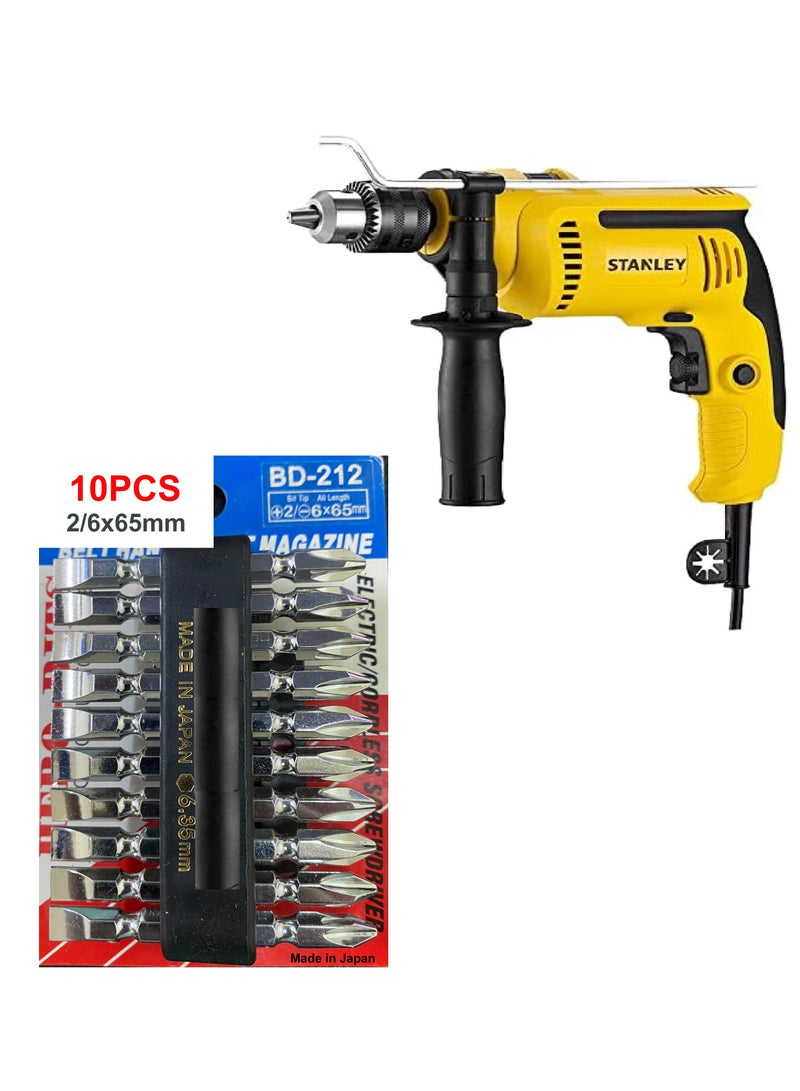 Stanley Stanley Hammer Drill 13mm 700W Hero Screwdriver Power Pack of 10 bits chrome - Image 1