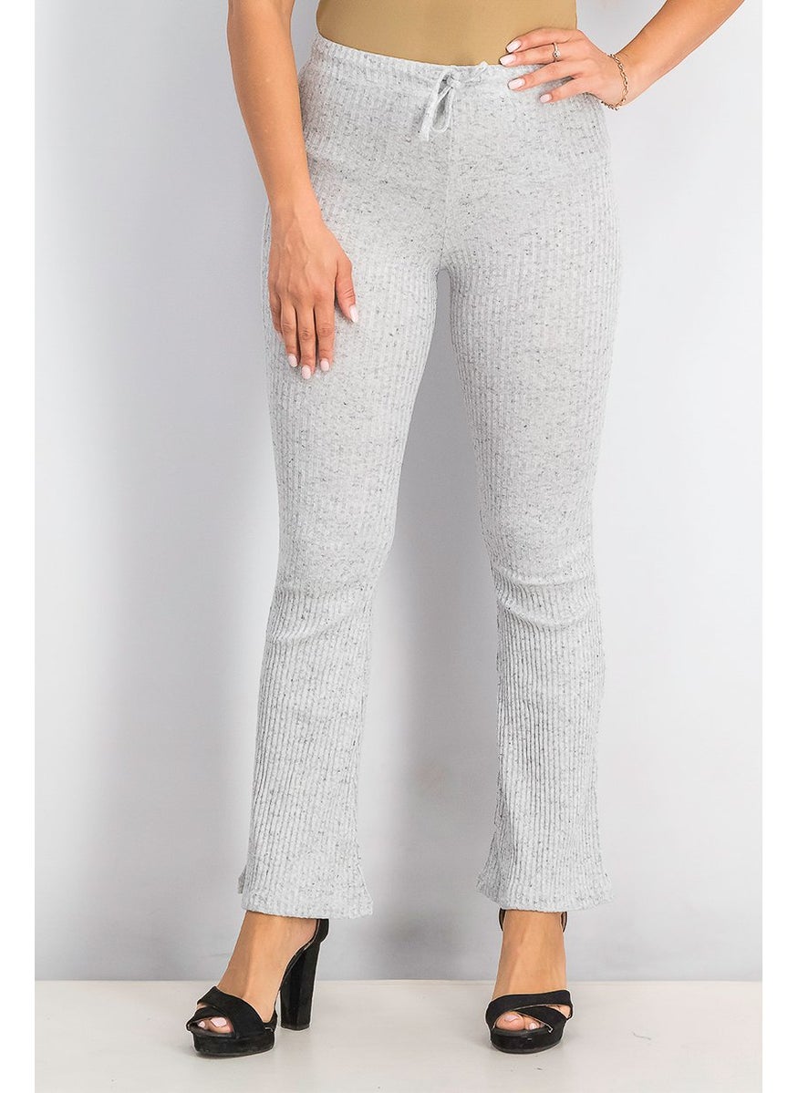 TOPSHOP Women Regular Fit Ribbed Drawstring Flared Hem Pant, Grey  - Image 1