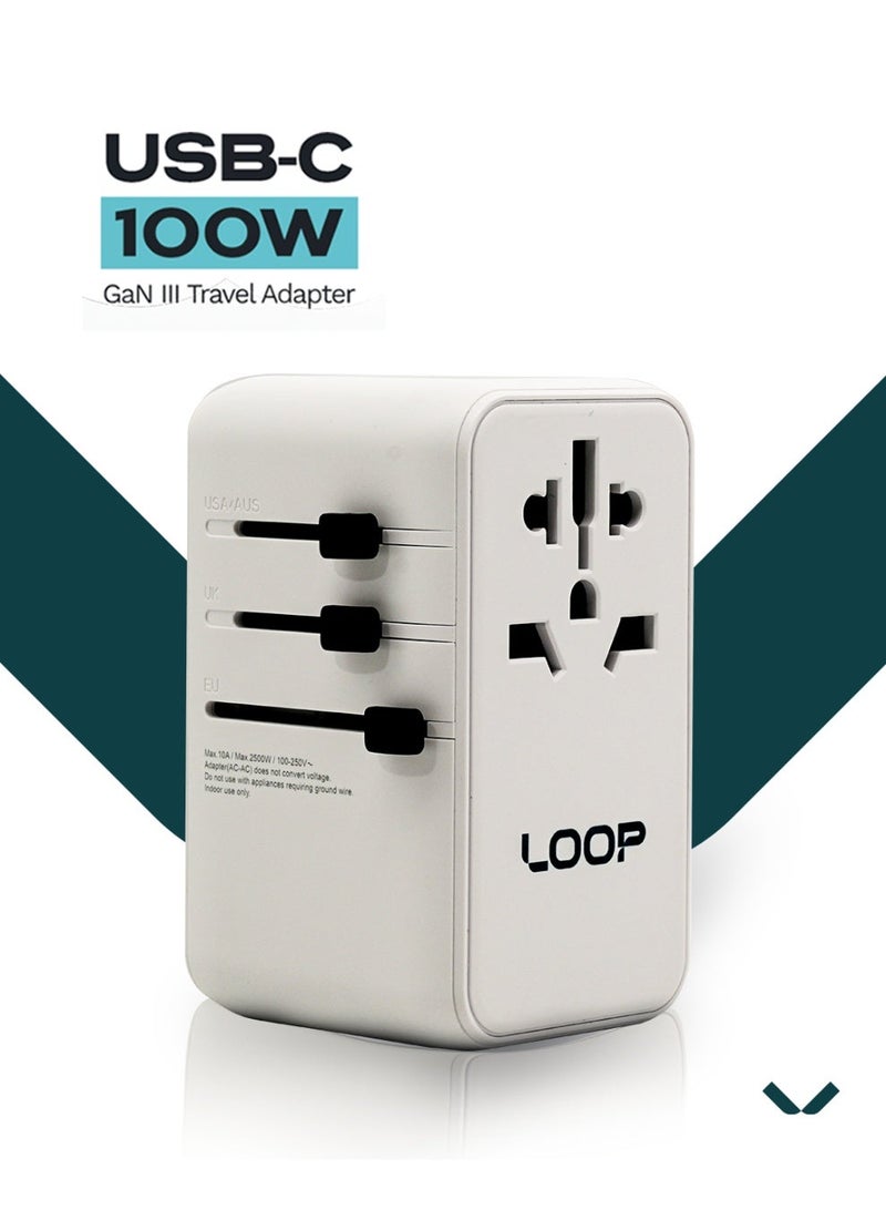 لووب محول السفر متعدد الاستخدامات LOOP 100W المزود بتقنية GaN III، والشحن السريع 6 في 1، وكابل USB-C قابل للسحب، ويعمل في أكثر من 200 دولة - Image 1