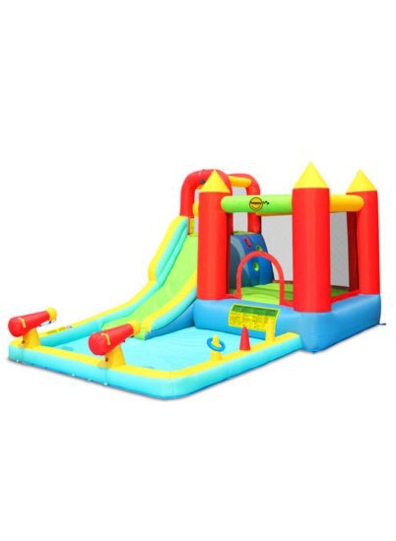 Happy Hop مركز لعب هابي هوب للقفز والرش مزدوج البخاخ مع منزلق مائي، جدار تسلق وبنادق مائية 400x300x220 سم | قفاز قابل للنفخ | حديقة مائية قابلة للنفخ تعمل بمروحة كهربائية | قلعة قفز للعب في الهواء الطلق | مغامرة اللعب بالماء | مناسبة للأعمار من 3 سنوات فما فوق - Image 1