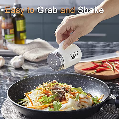 KITOME Salt and Pepper Shakers Set – Ceramic Spice Dispensers with Stainless Steel Lids & Handles, Black & White, 2-Piece Kitchen Dining Set - Image 5